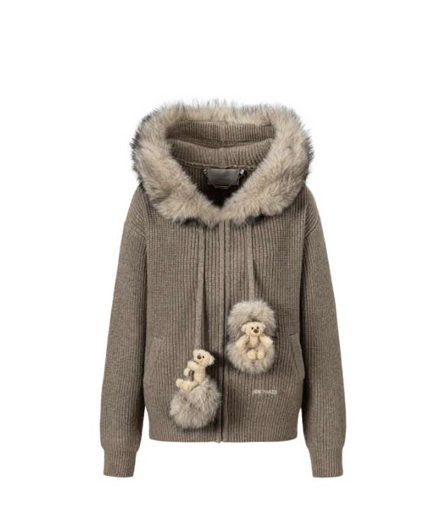 13DE MARZO MZ2613001 POM-POM BEAR FUR COLLAR KNIT SWEATER KHAKI