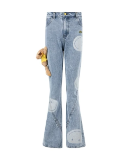 13DE MARZO FR-JX-149-B-01 ALLOVER SMILEY THIGH PALDA BEAR BOOTCUT JEANS